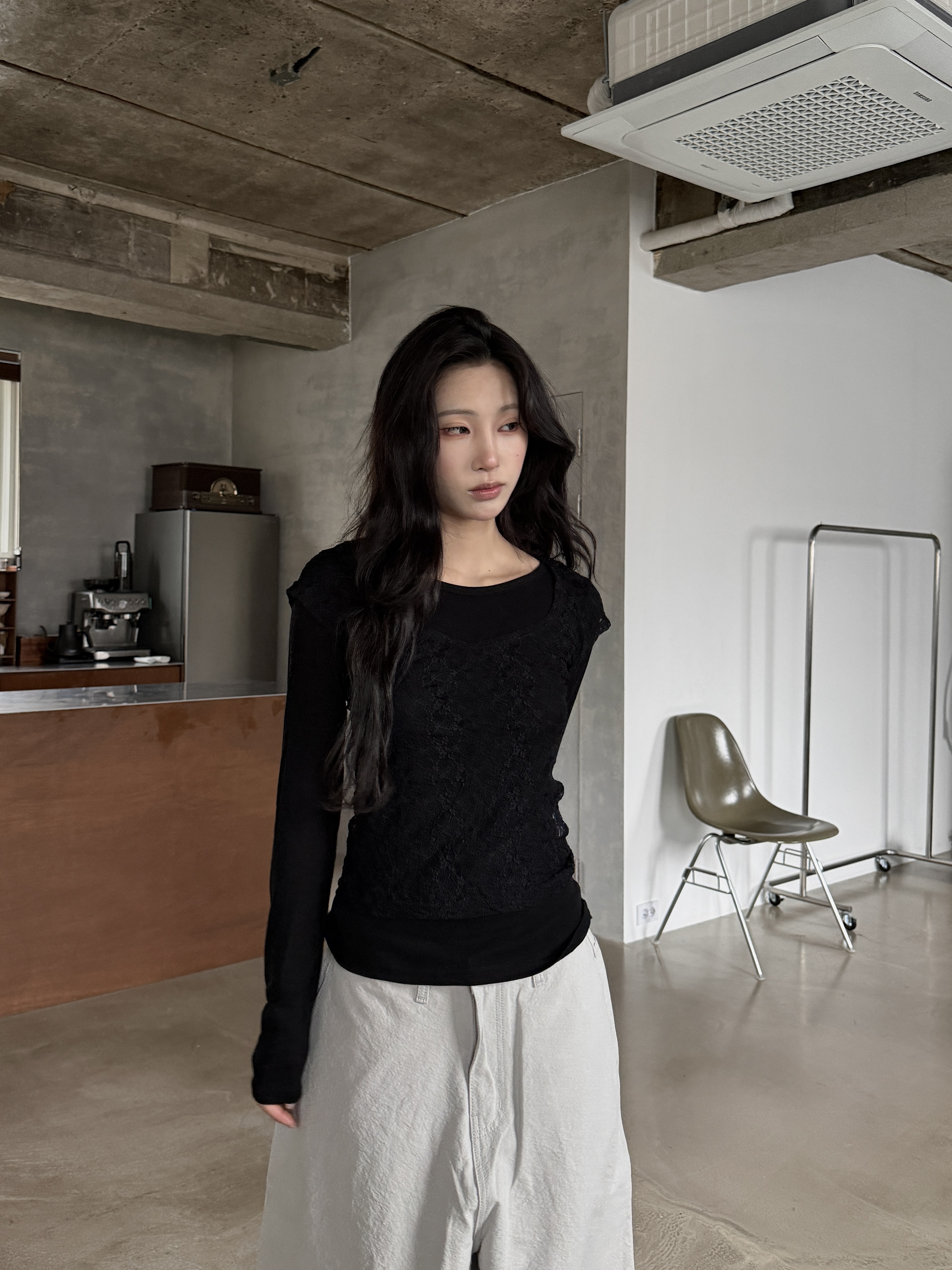 柔霧蕾絲 兩件式 疊穿修身長袖上衣