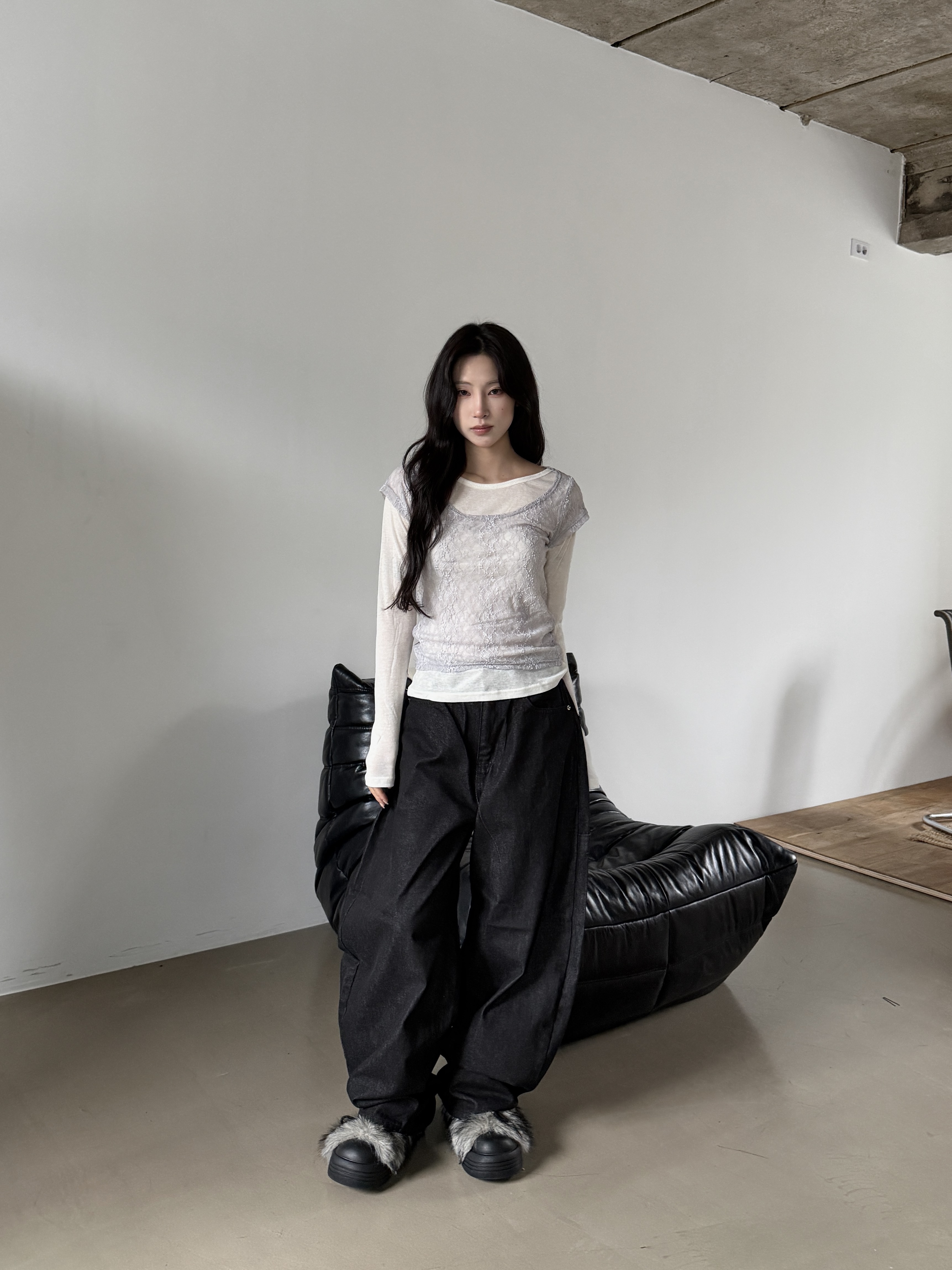 豹紋造型 十字卯釘 弧型牛仔褲