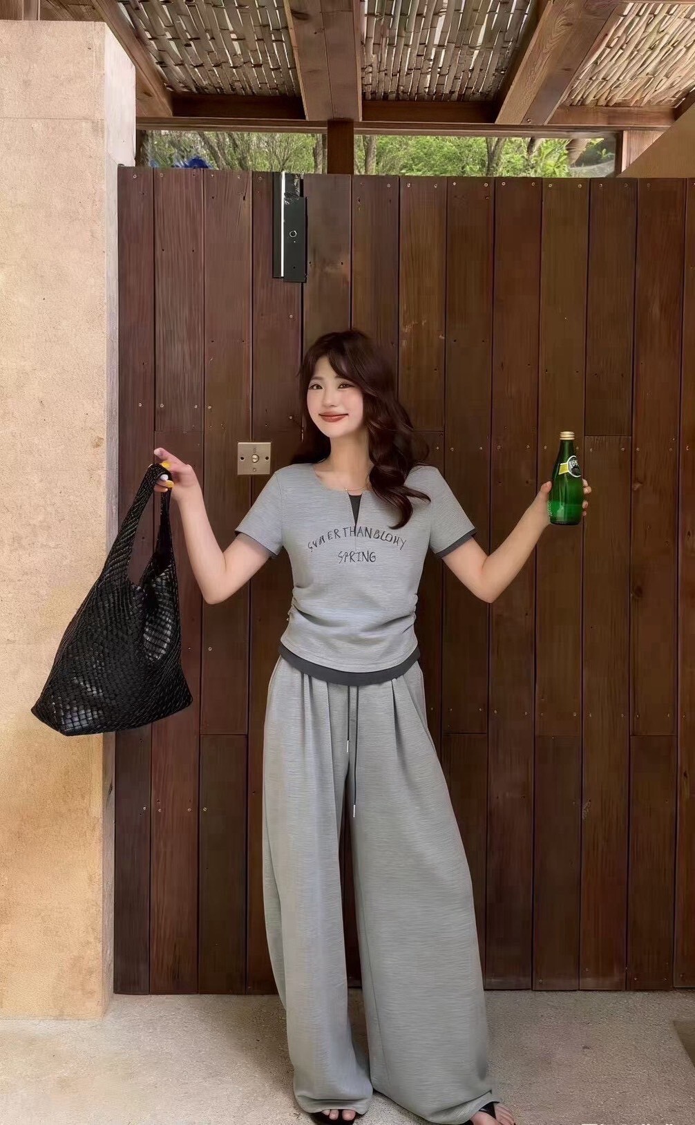 0181-假二件小V領休閒套裝