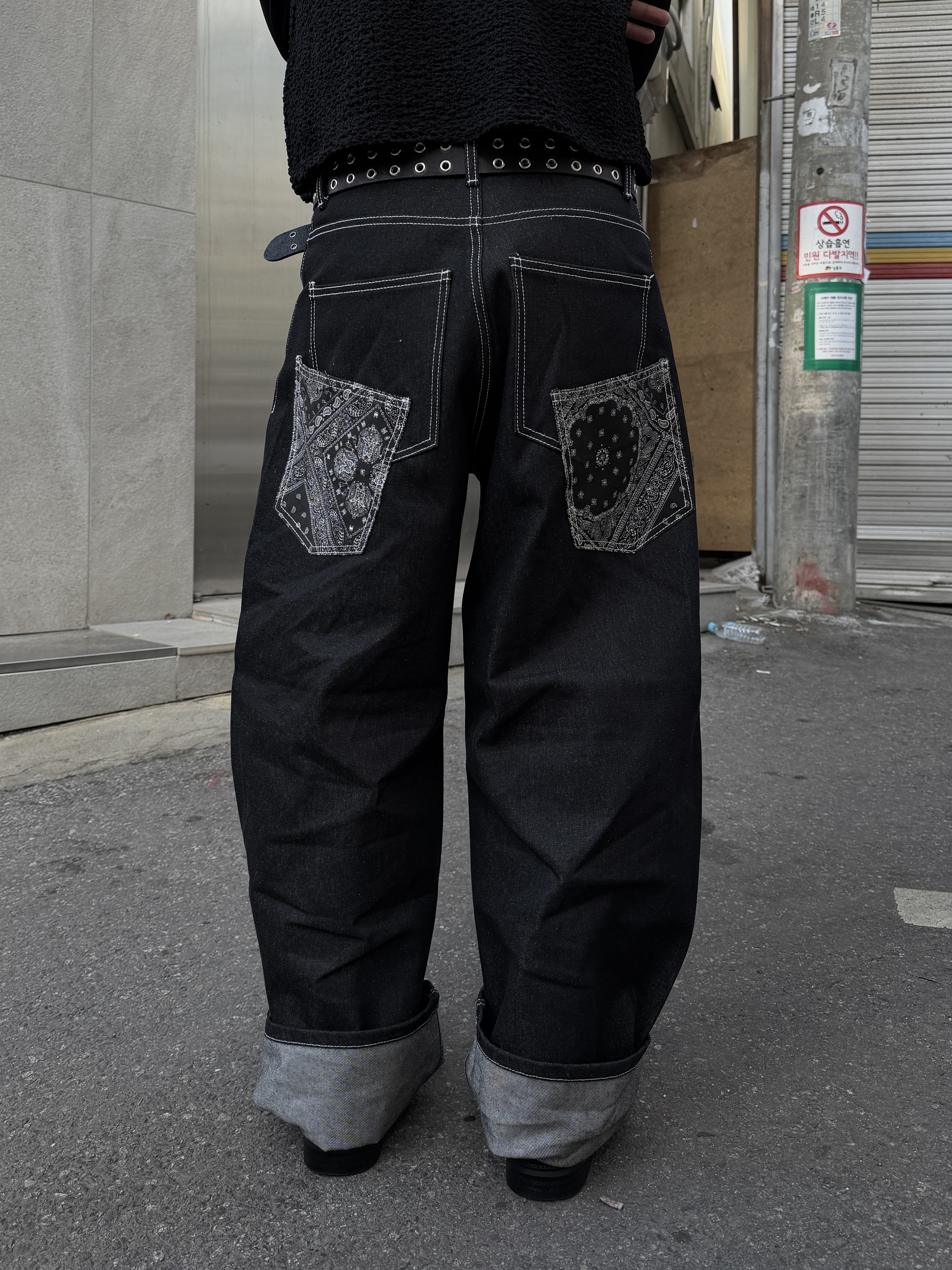 佩斯利紋 層次口袋 丹寧寬鬆牛仔褲