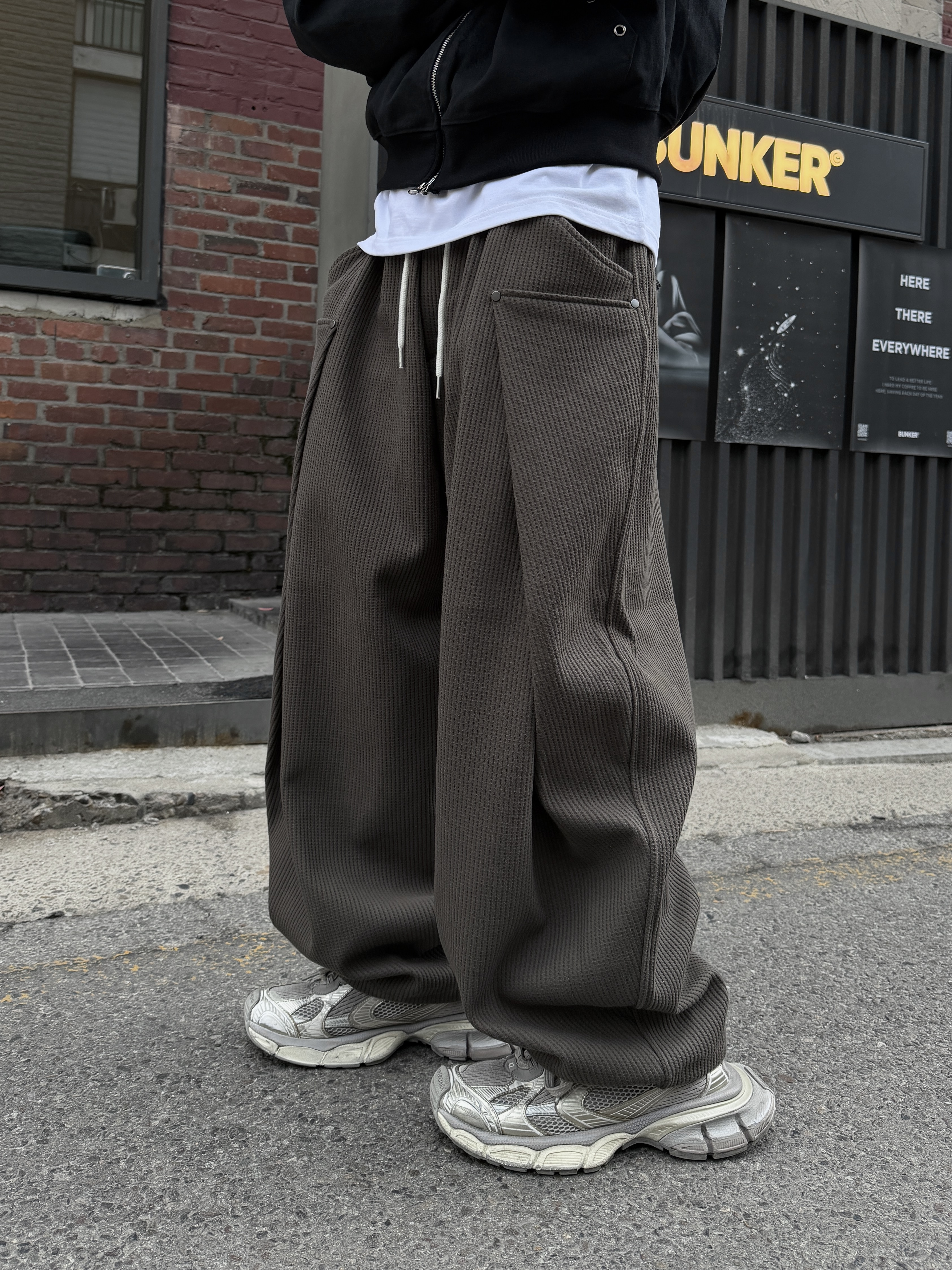 立體剪裁 華夫格 調節寬鬆長褲