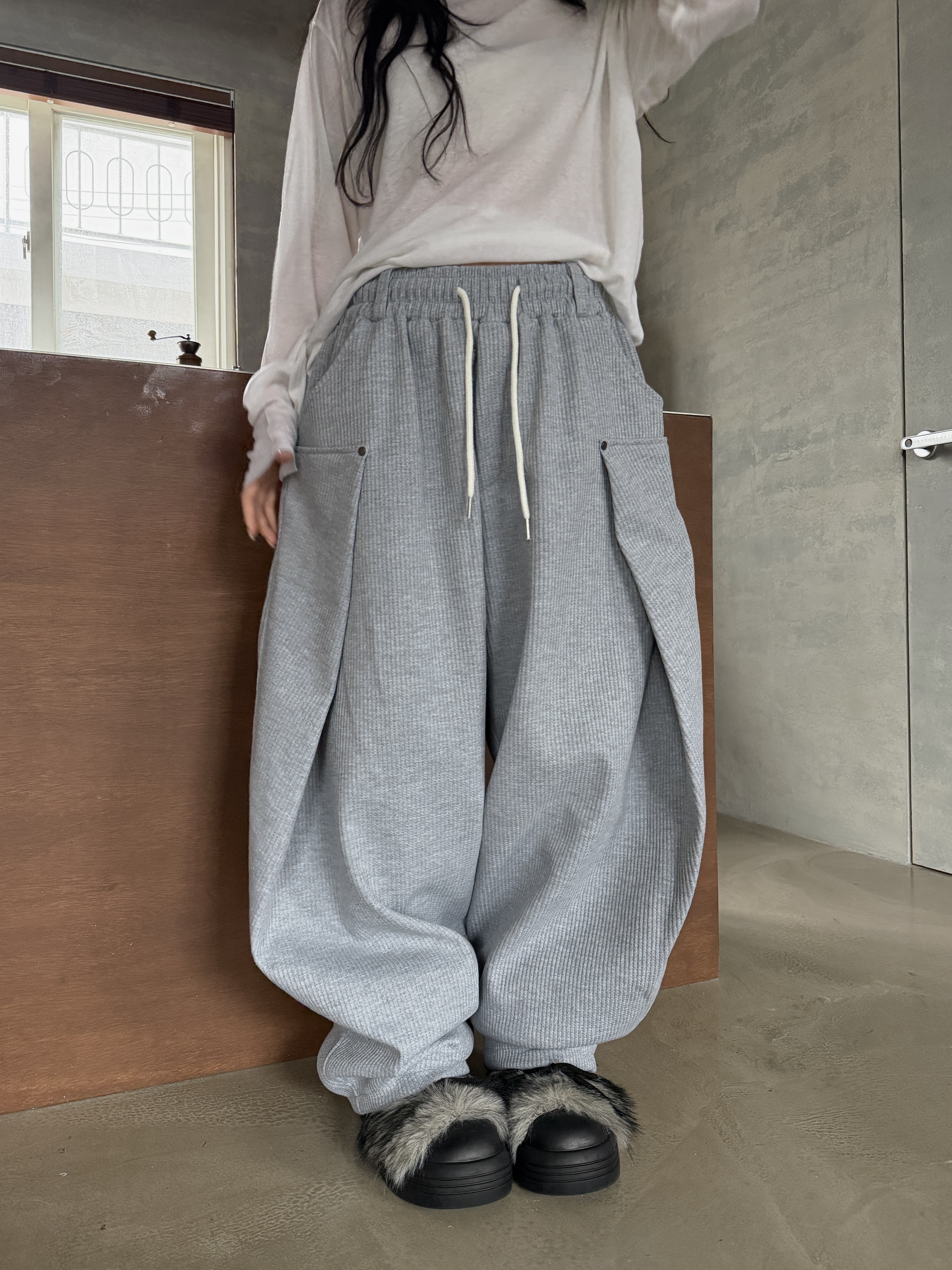 立體剪裁 華夫格 調節寬鬆長褲