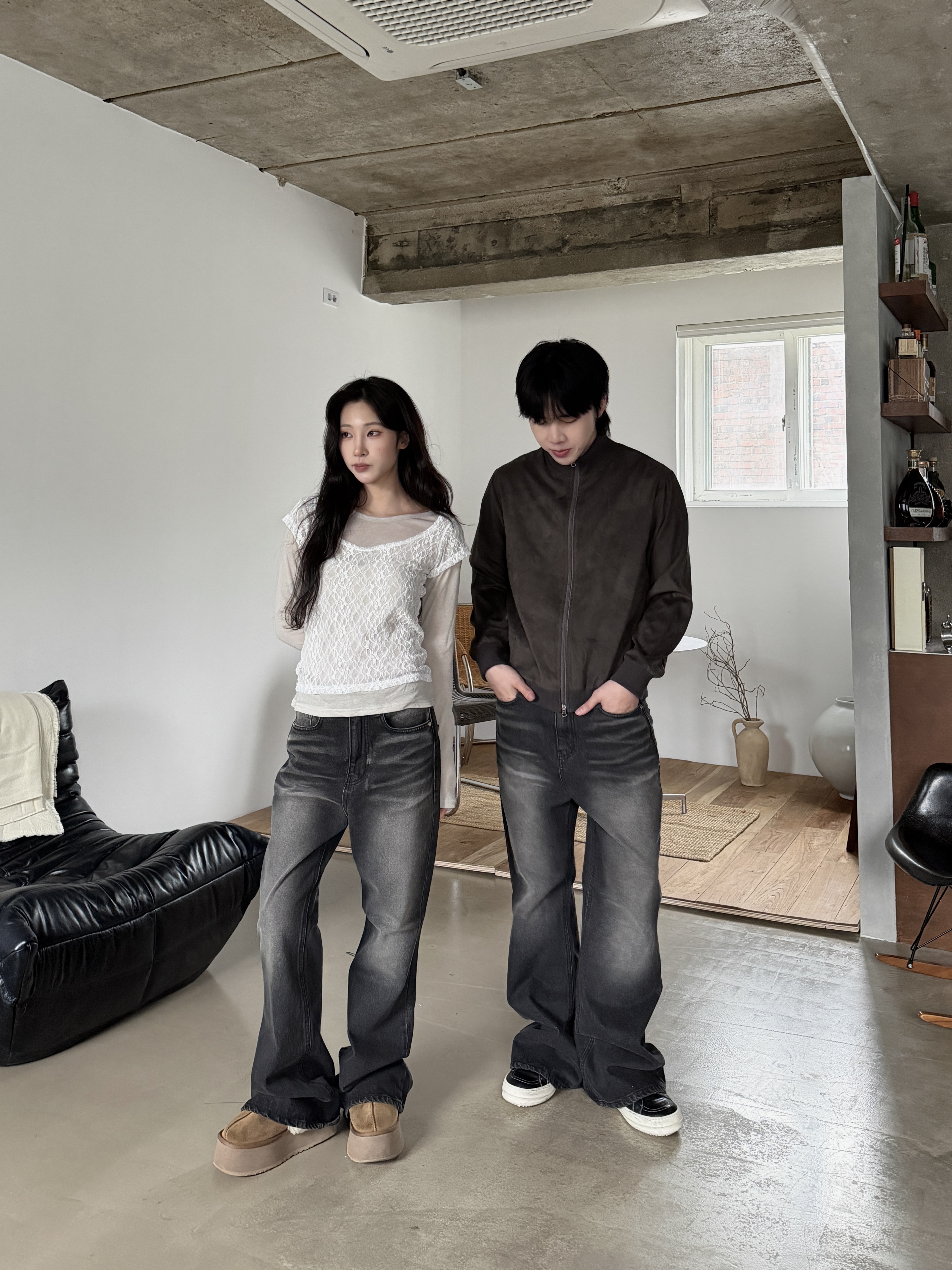 水洗丹寧 修身長腿 落地喇叭褲 牛仔褲