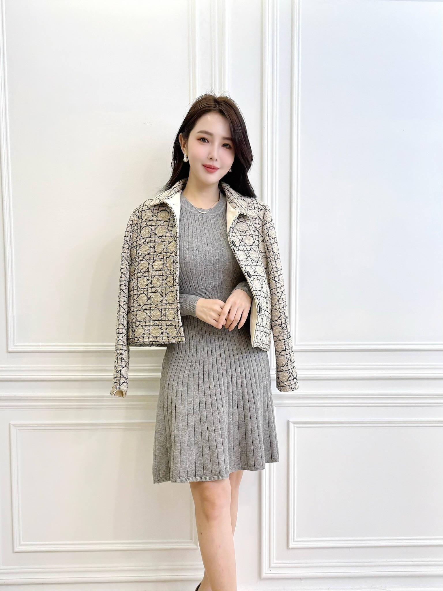 名媛老花混色毛呢翻領外套