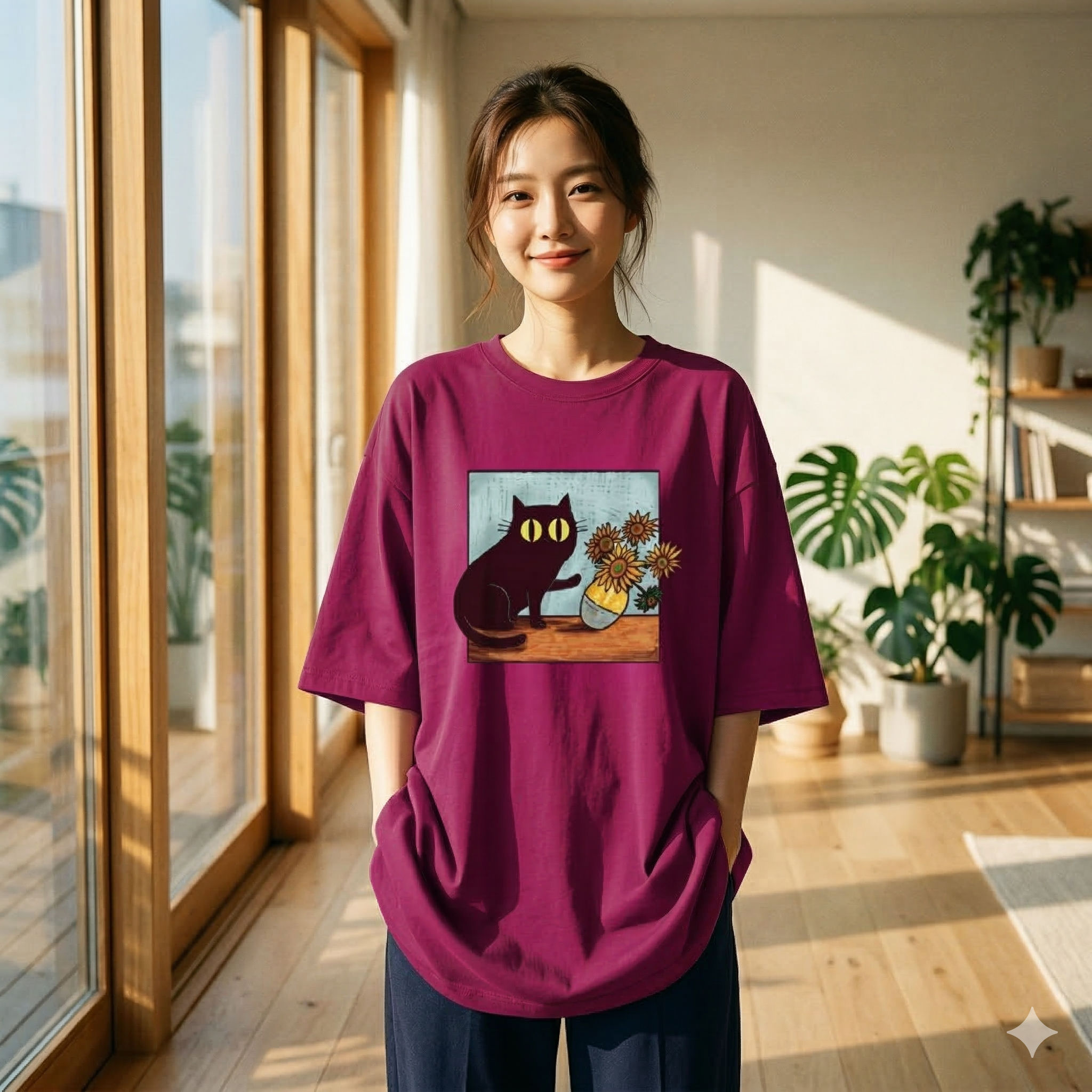 【ASister 小姊姊】AS2355#純棉上衣☆*花瓶與貓咪*中長版短袖T恤(10色 S-3XL)