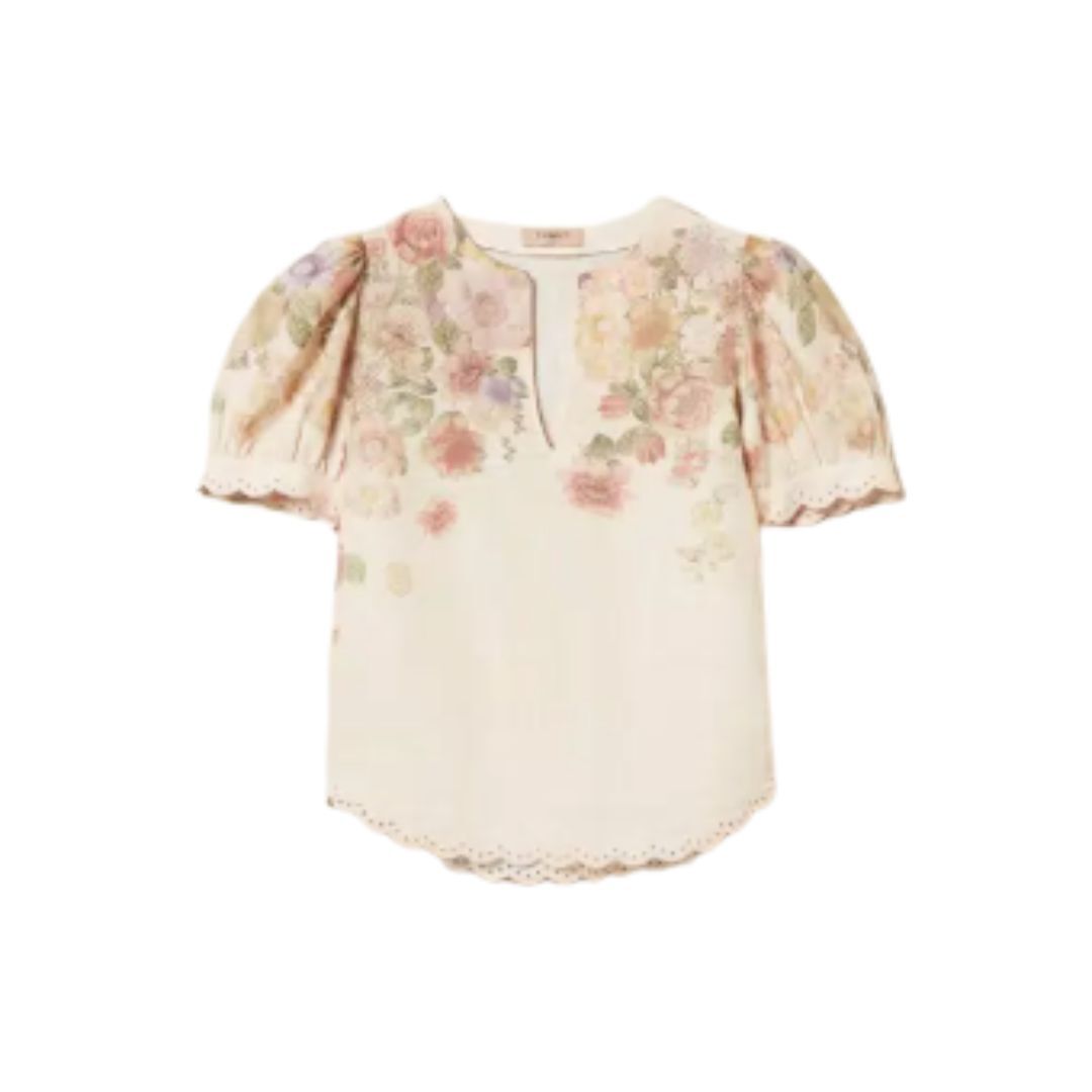 1TS0319-128 [TWINSET] Linen Floral Blouse With Embroidery Wildflowers Pastel Colour Print #261TT2573 (C-EU-E)