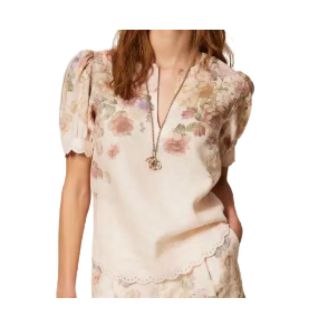 1TS0319-128 [TWINSET] Linen Floral Blouse With Embroidery Wildflowers Pastel Colour Print #261TT2573 (C-EU-E)