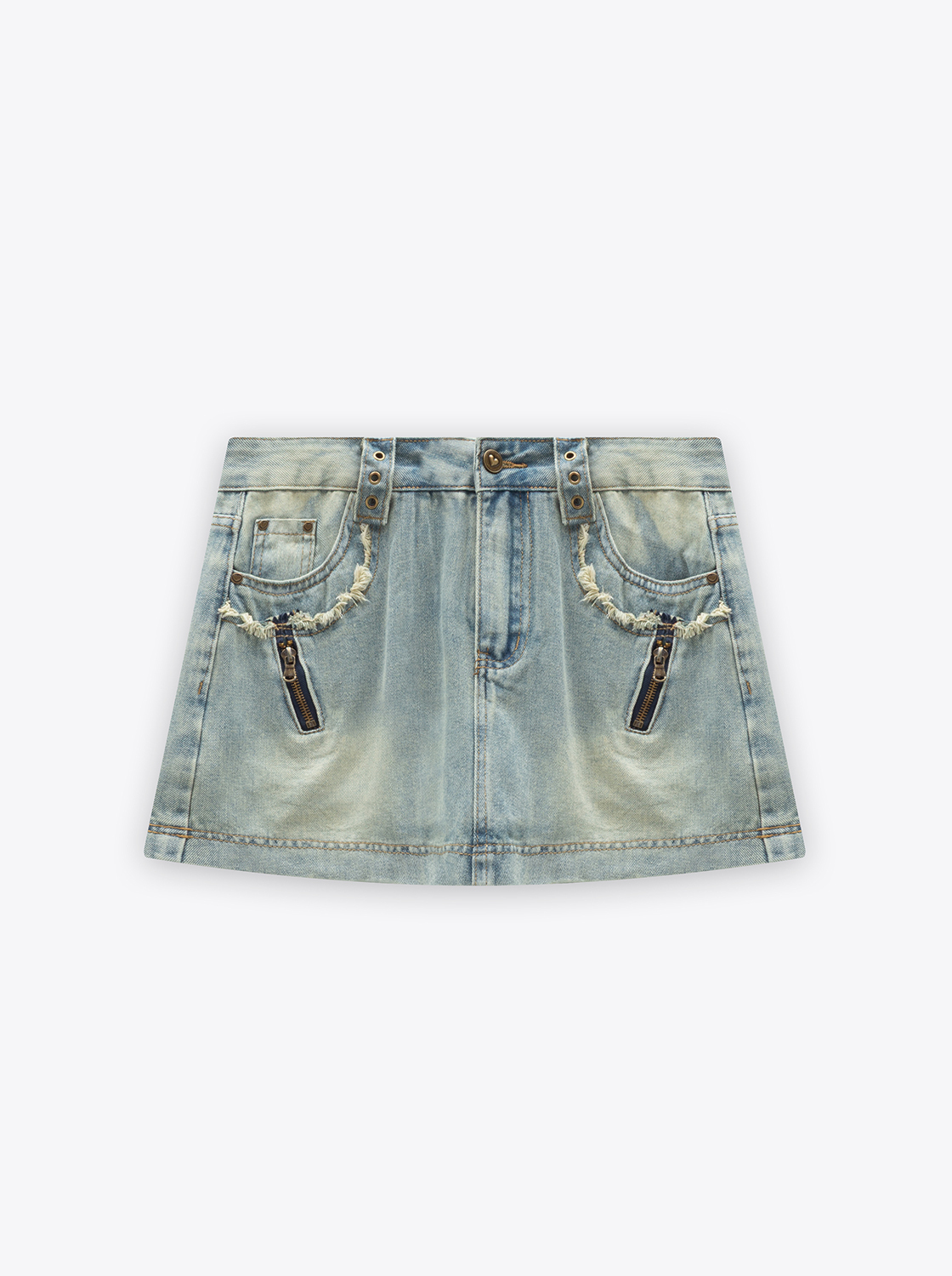 刷色鬚邊拉鍊牛仔短裙