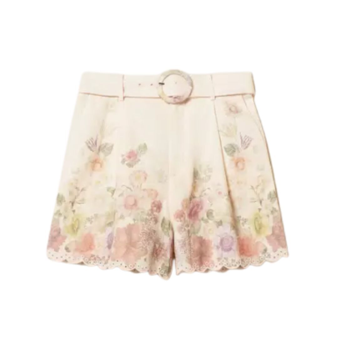 1TS0319-129 [TWINSET] Linen Floral Shorts With Embroidery Wildflowers Pastel Colour Print #261TT2572 (C-EU-E)