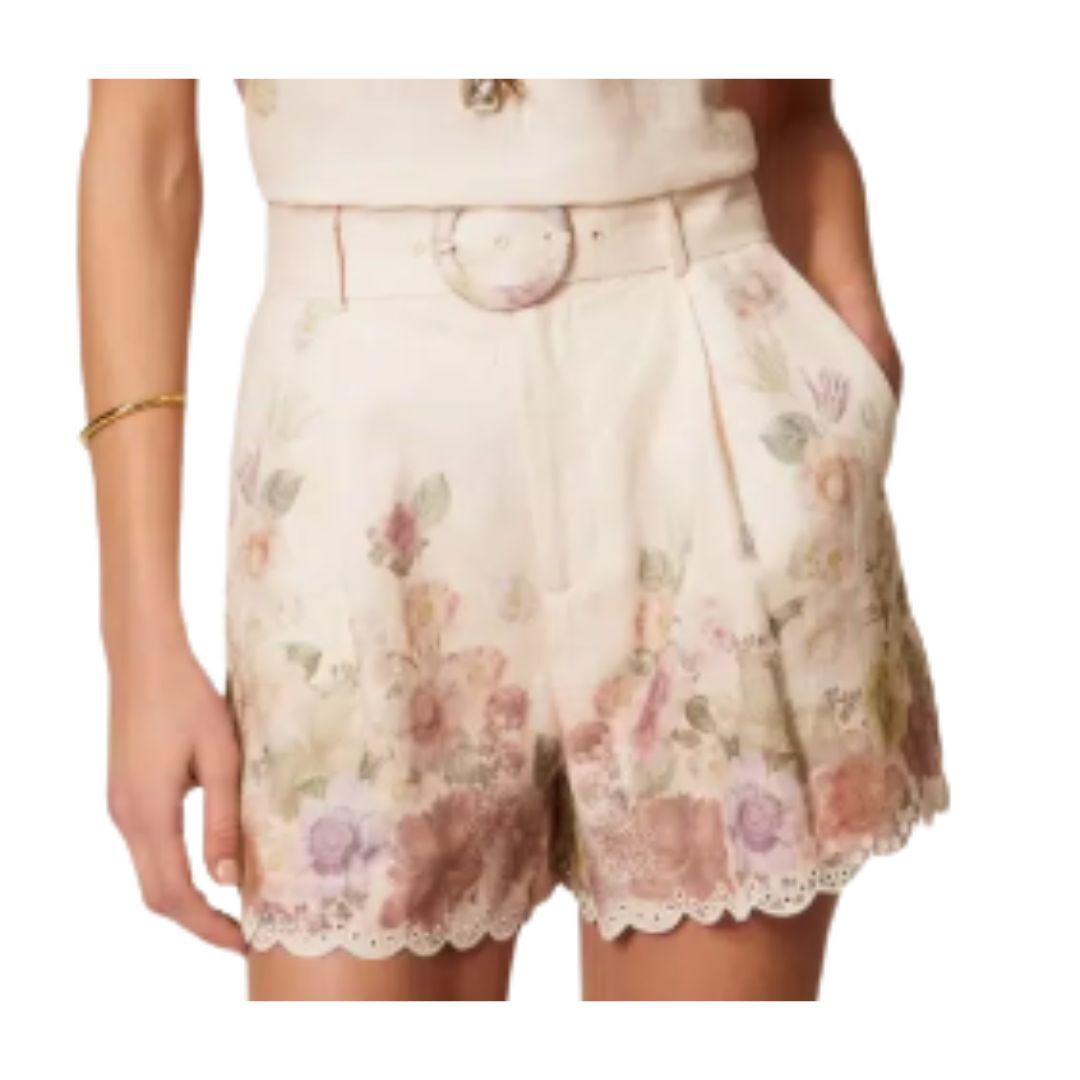 1TS0319-129 [TWINSET] Linen Floral Shorts With Embroidery Wildflowers Pastel Colour Print #261TT2572 (C-EU-E)