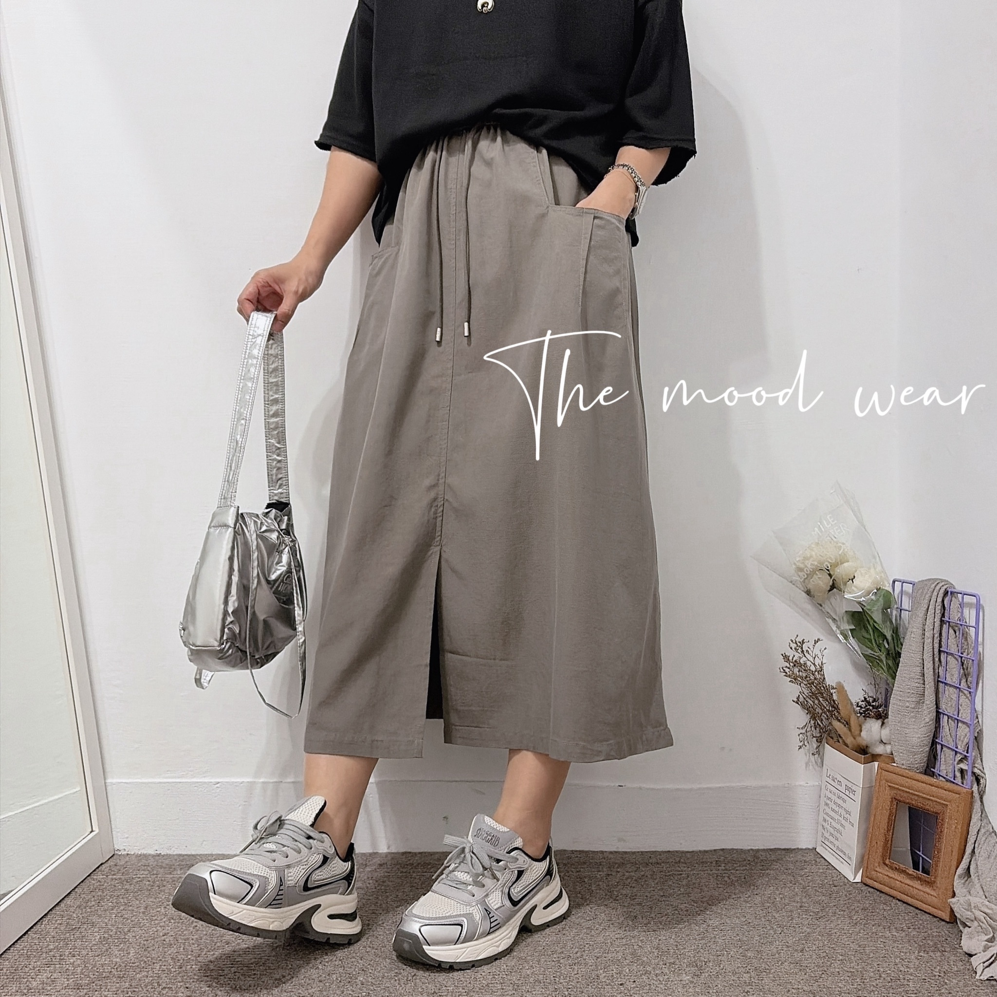 涼感棉麻料 立體口袋A字裙 90公斤可穿(深藍/灰色)