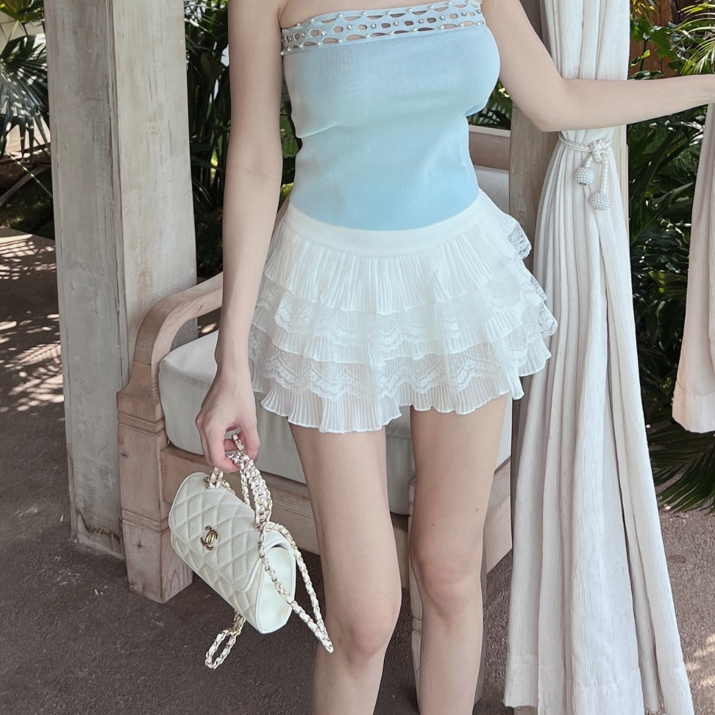 【靈動蕾絲】DOMISS法式拼接百褶蛋糕短裙-2色