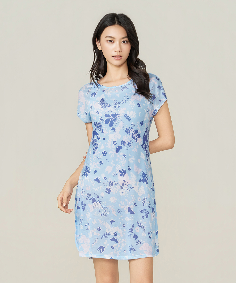 自由空間-天絲印花 細滑柔順女小蓋袖洋裝 UE082326