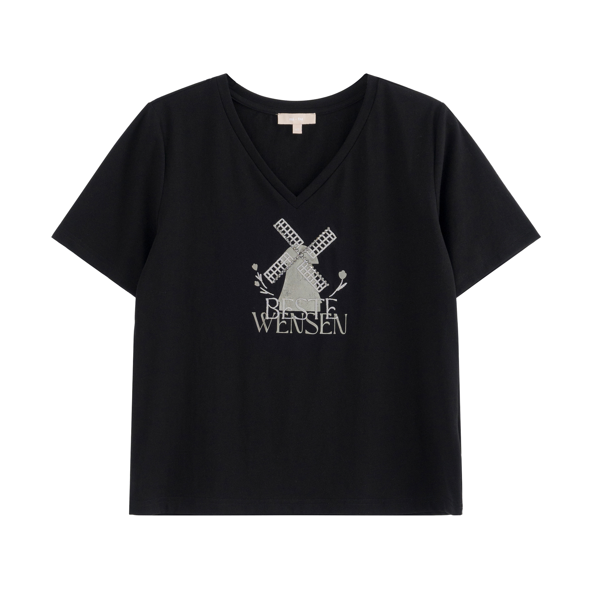 mi-tu刺繡印花V領T恤