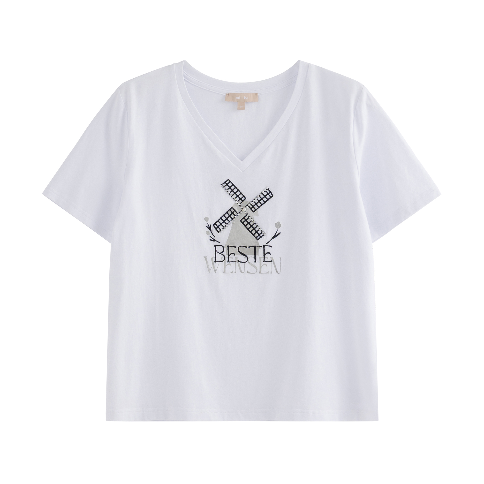 mi-tu刺繡印花V領T恤