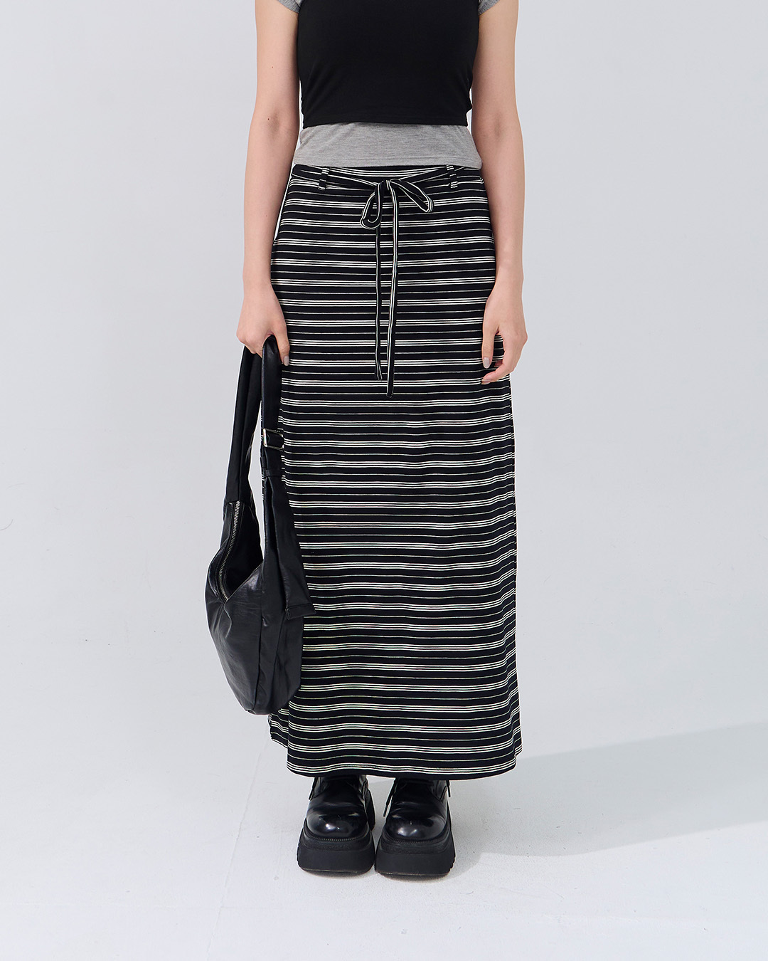 休闲条纹直筒棉质长裙附腰带 两色售 S-L【03021741】现+预