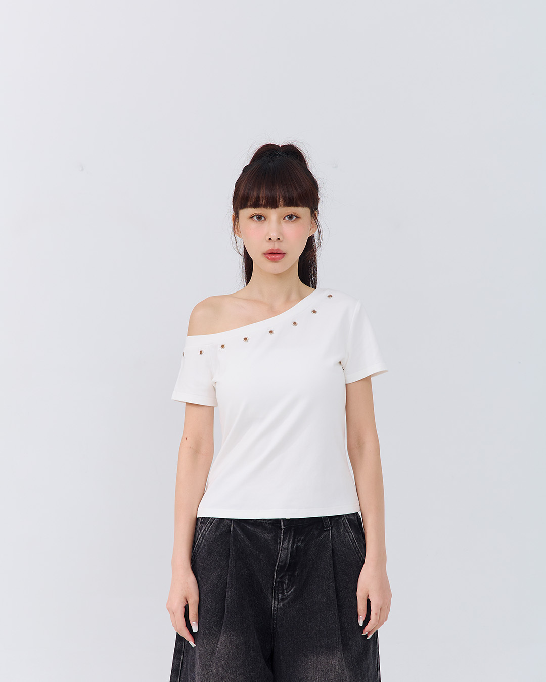 金属钉扣设计斜肩上衣 三色售【01099489】现+预