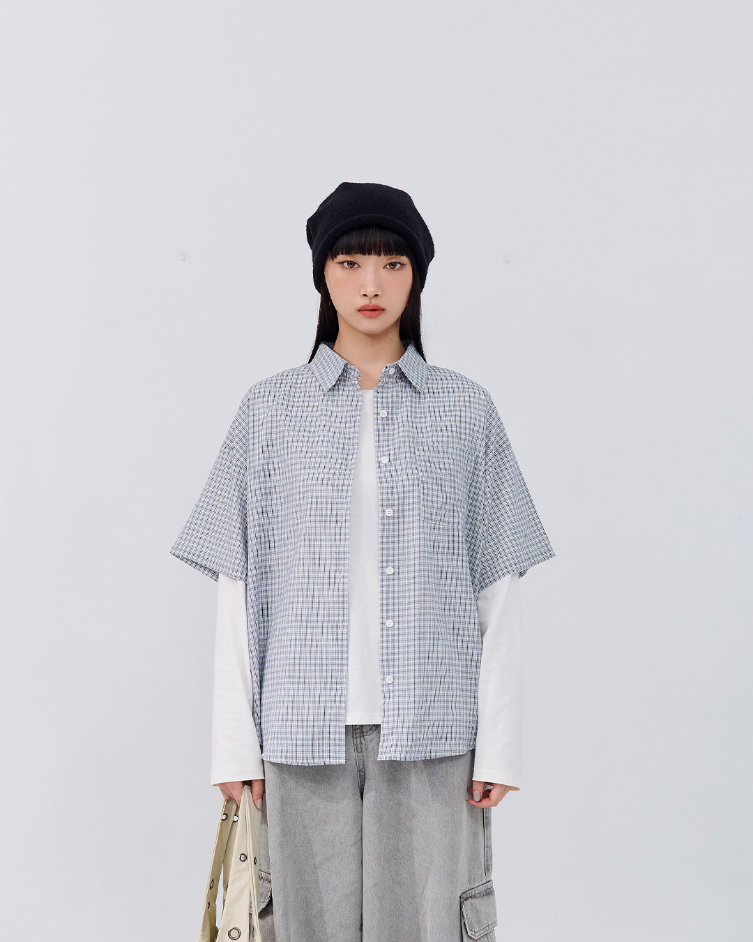 格纹单口袋宽版短袖衬衫 两色售【01025728】现+预