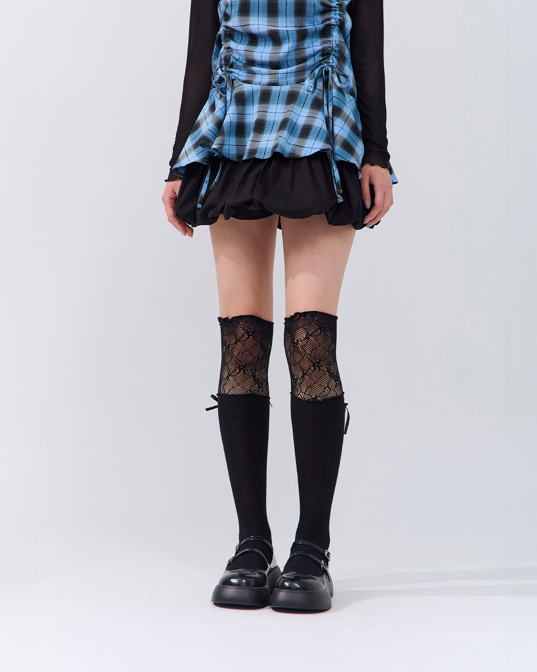 蕾丝镂空木耳拼接长筒袜 两色售【07110614】现+预