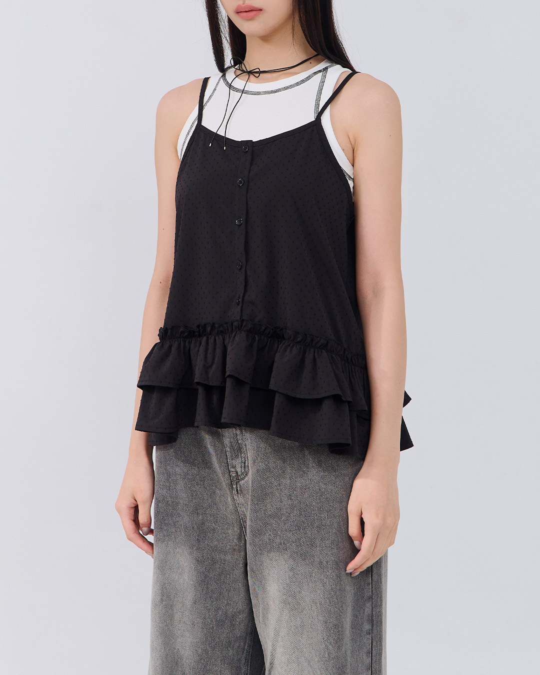 立体点点下襬荷叶细肩背心 三色售【01099561】现+预