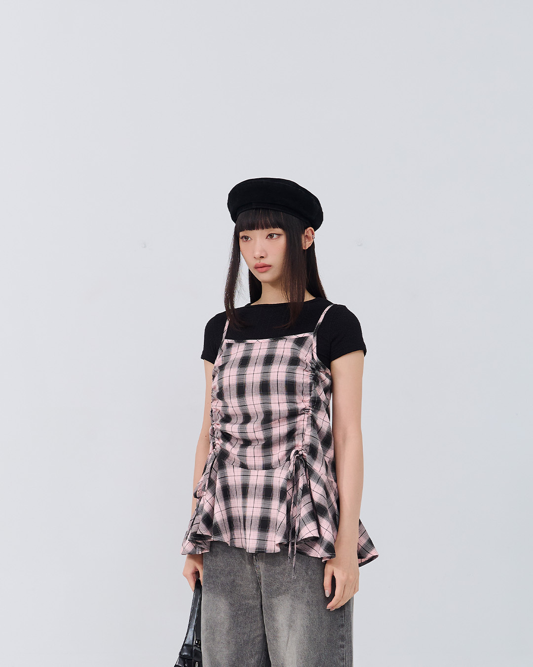 配色格纹抽绳细肩罩衫背心 两色售【01099524】现+预