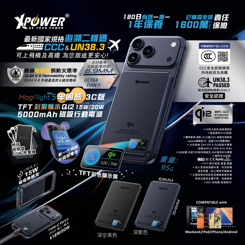 (早買限定優惠) (3C可追溯二維碼)XPower MagFlight5 M16 鋁合金半固態TFT彩屏顯示 QI2 15W/20W 5000mAh 磁吸行動電源