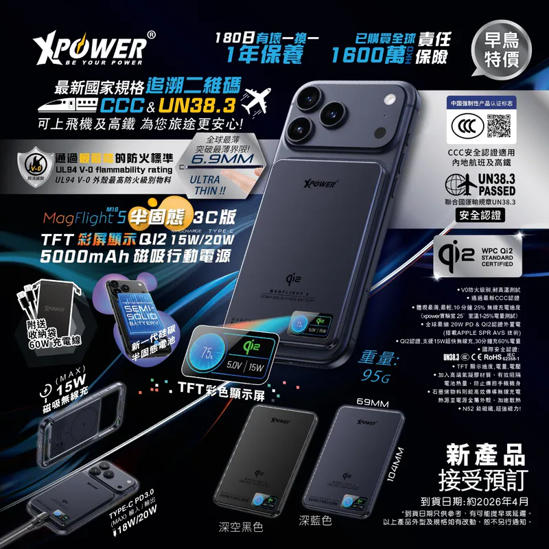 (早買限定優惠) (3C可追溯二維碼)XPower MagFlight5 M16 鋁合金半固態TFT彩屏顯示 QI2 15W/20W 5000mAh 磁吸行動電源