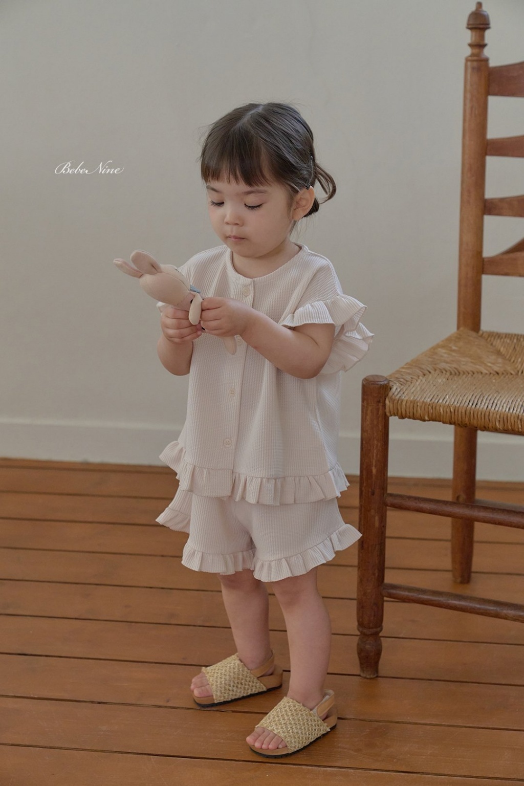 正韓夏bebenine 小童兩色鬆餅格大飛袖套裝