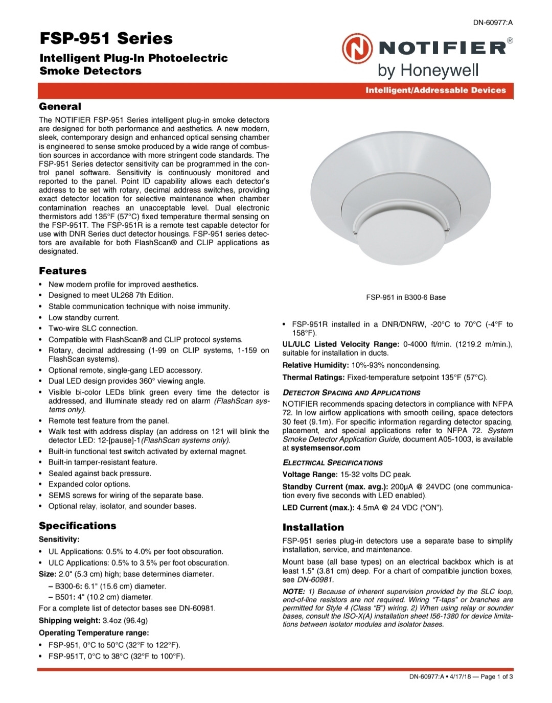 Notifier 數碼光電式感煙霧探測器 (象牙色) FS​​P-851 / FSP-951-IV