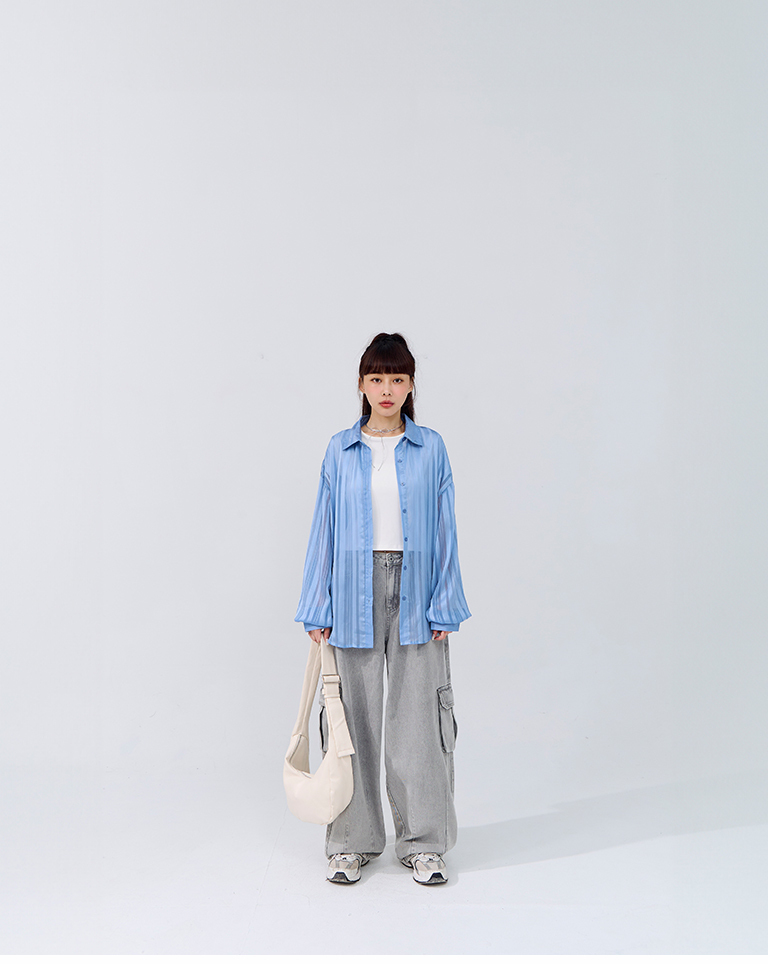 简约条纹造型透肤宽版衬衫 三色售【01025727】现+预