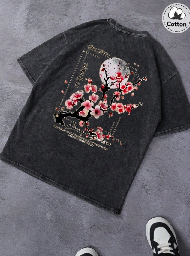 KADMAX大尺碼-大碼櫻花水洗復古短袖TEE〈KSMS2780〉