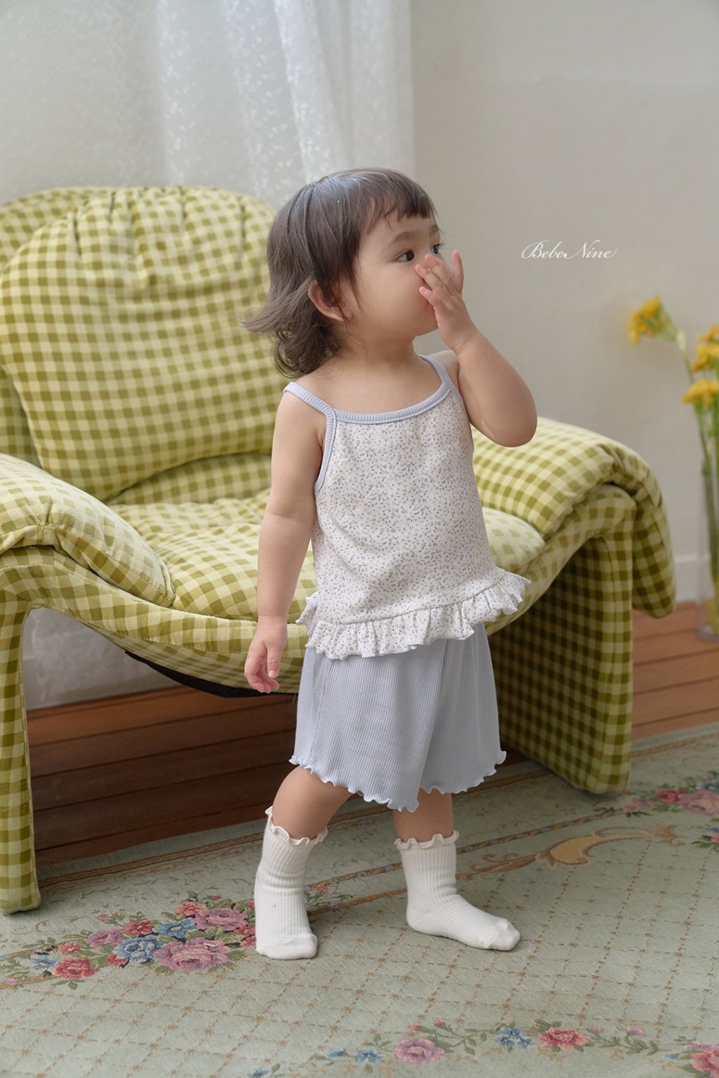 正韓夏bebenine 嫩嬰夏季碎花吊帶木耳褲套裝