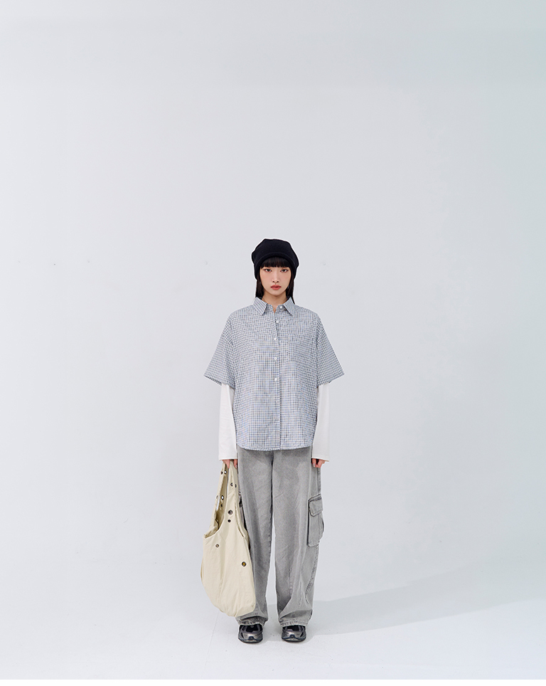格纹单口袋宽版短袖衬衫 两色售【01025728】现+预