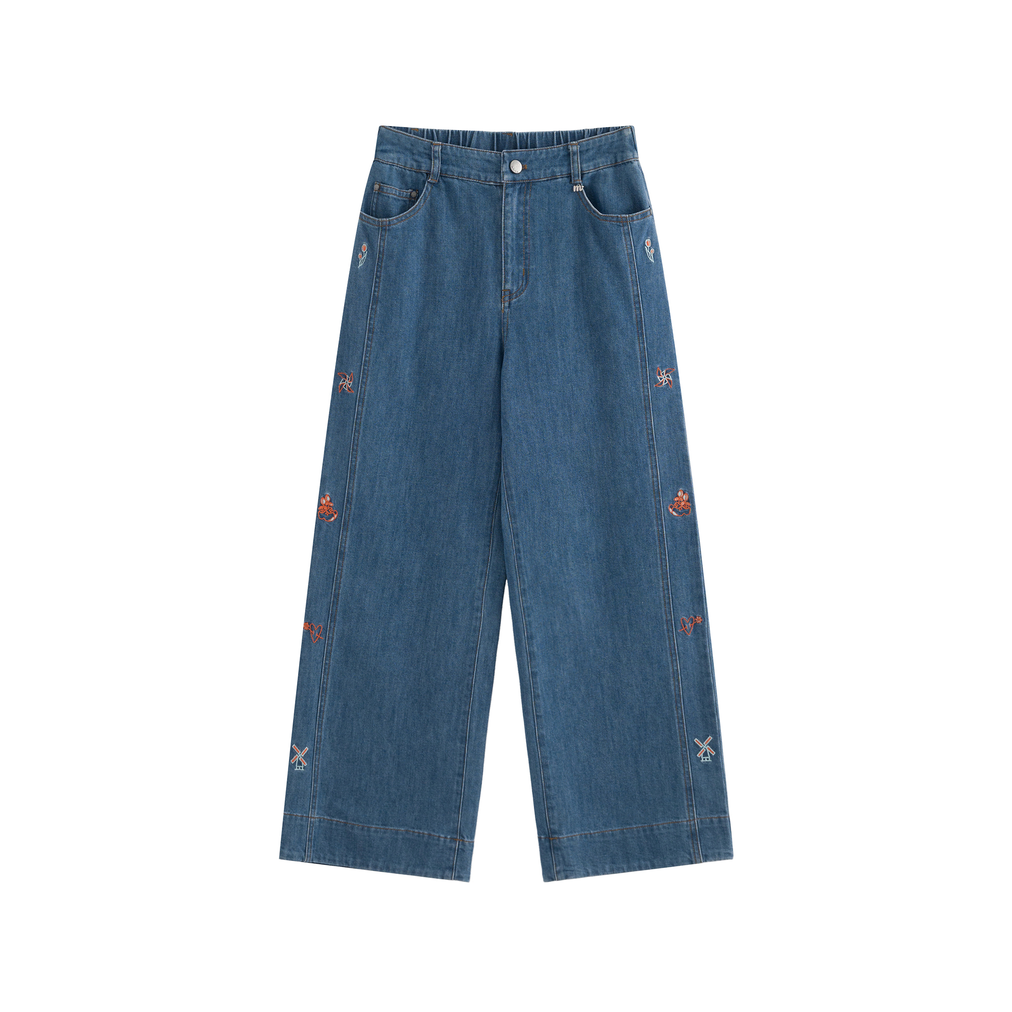 mi-tu刺繡牛仔闊腿褲