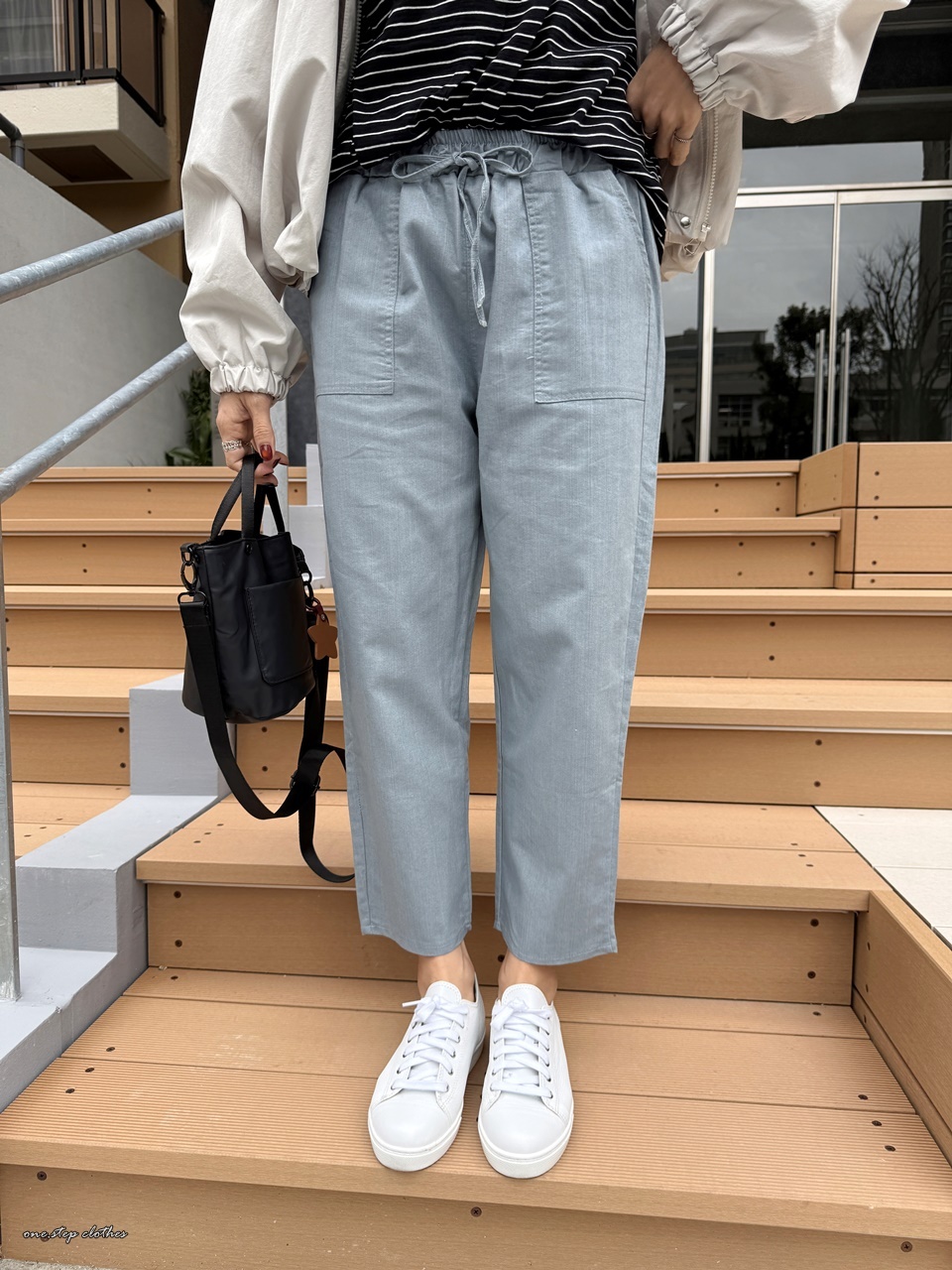 正韓方形口袋棉麻抽繩休閒褲 (水藍)