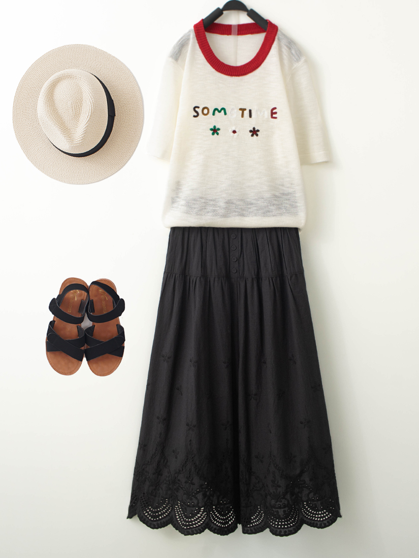 微透膚小花刺繡針織上衣繡花純棉寬褲組合