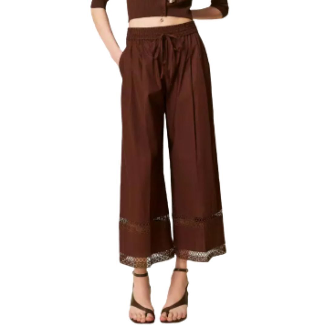 1TS0319-136 [TWINSET] Wide Poplin Trousers With Embroidery Coffee Liqueur #261TT2252 (C-EU-E)