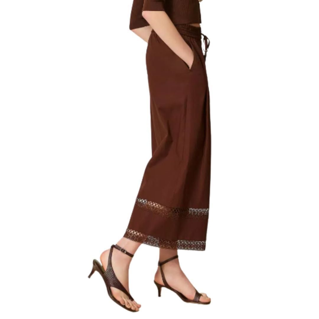 1TS0319-136 [TWINSET] Wide Poplin Trousers With Embroidery Coffee Liqueur #261TT2252 (C-EU-E)