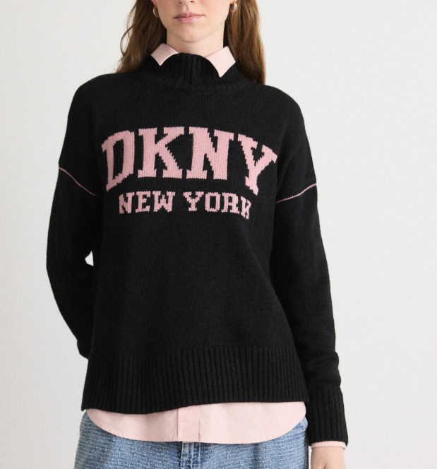 [S] DKNY BLACK/DUSTY MAUVE VARSITY LOGO INTARSIA CREW NECK RELAXED SWEATER, DJ4R0362-OF9 (SD1824)
