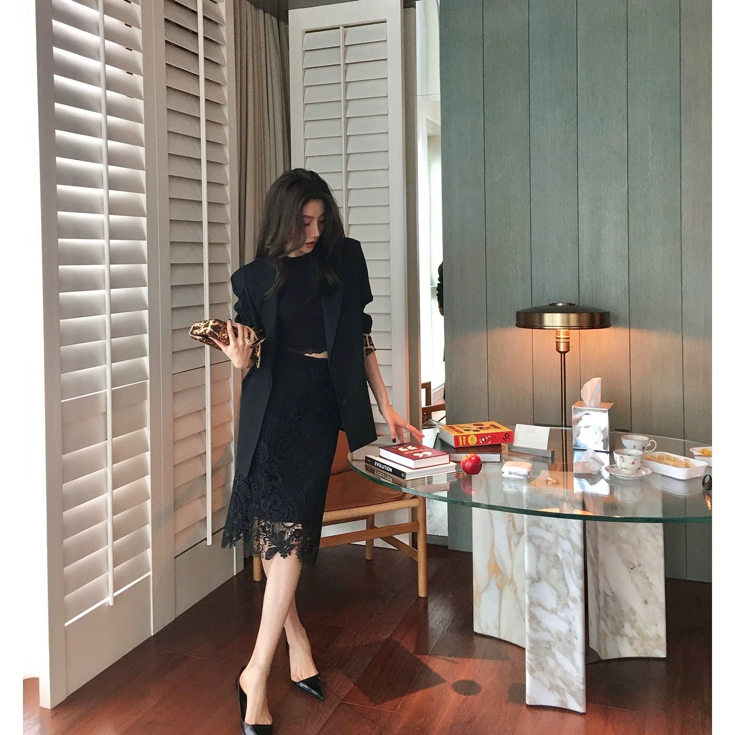 優雅女子緹花蕾絲修身鉛筆裙-S-XL (Elegant & Love)