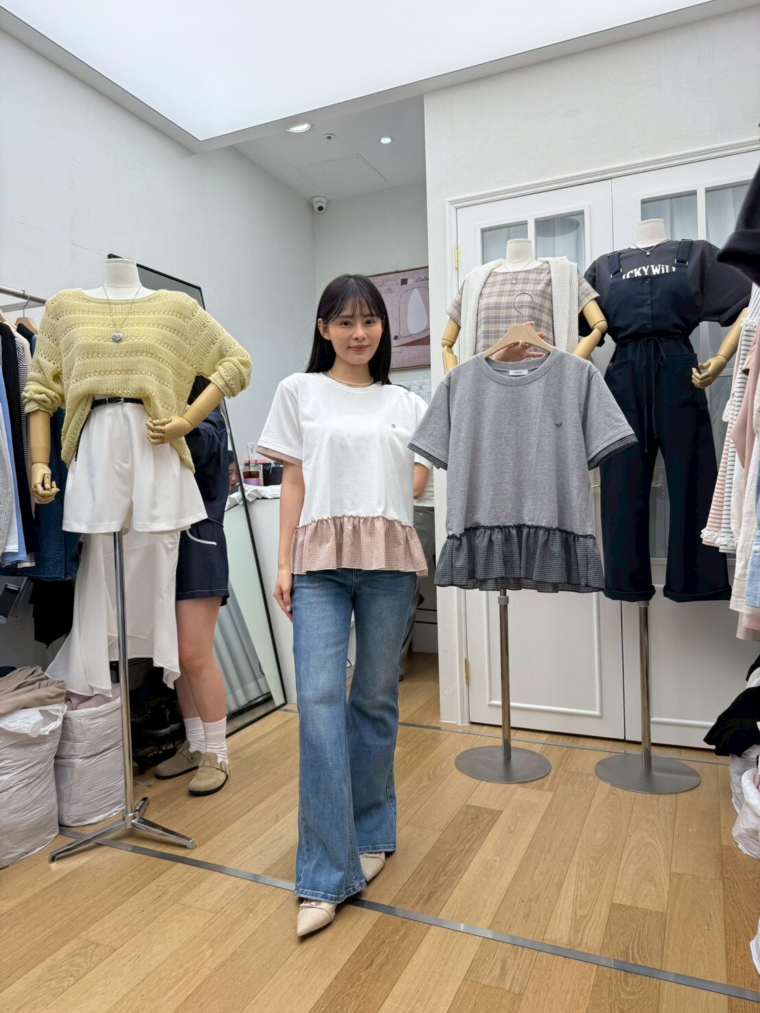 RF6034 拼接格紋小tag上衣