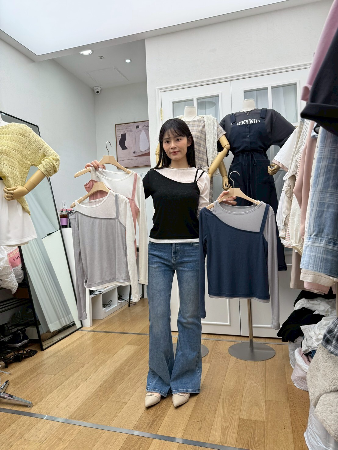 RF6030 撞色假兩件露肩上衣