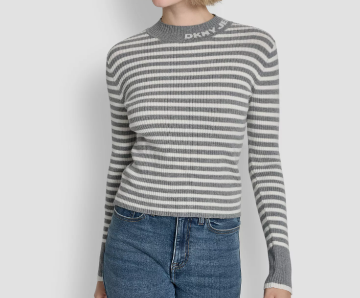 [S] DKNY STORM GREY HEATHER/IVORY/SILVER MOCK NECK RIB STRIPE LOGO SWEATER, DJ6R0971-QL2 (SD1816)