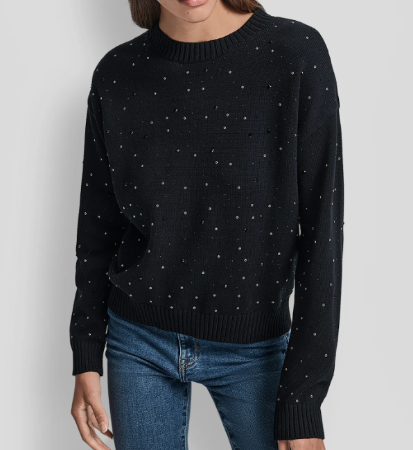[S] DKNY BLACK LONG SLEEVE RHINESTONE CREW NECK SWEATER, DJ5R0826-BLK (SD1802)
