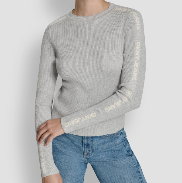 [S] DKNY SKY GREY HEATHER/EGGNOG LONG SLEEVE LOGO TRIM SWEATER, DJ6R0104-ON8 (SD1801)