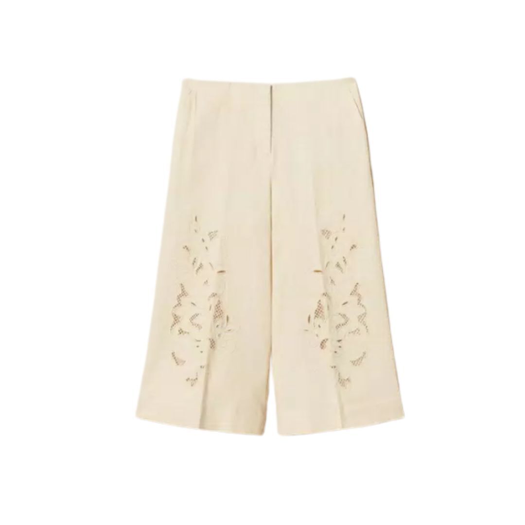 1TS0319-029 [TWINSET] Linen Blend Cropped Trousers With Embroidery Mother Of Pearl #261TP2313 (C-EU-E)