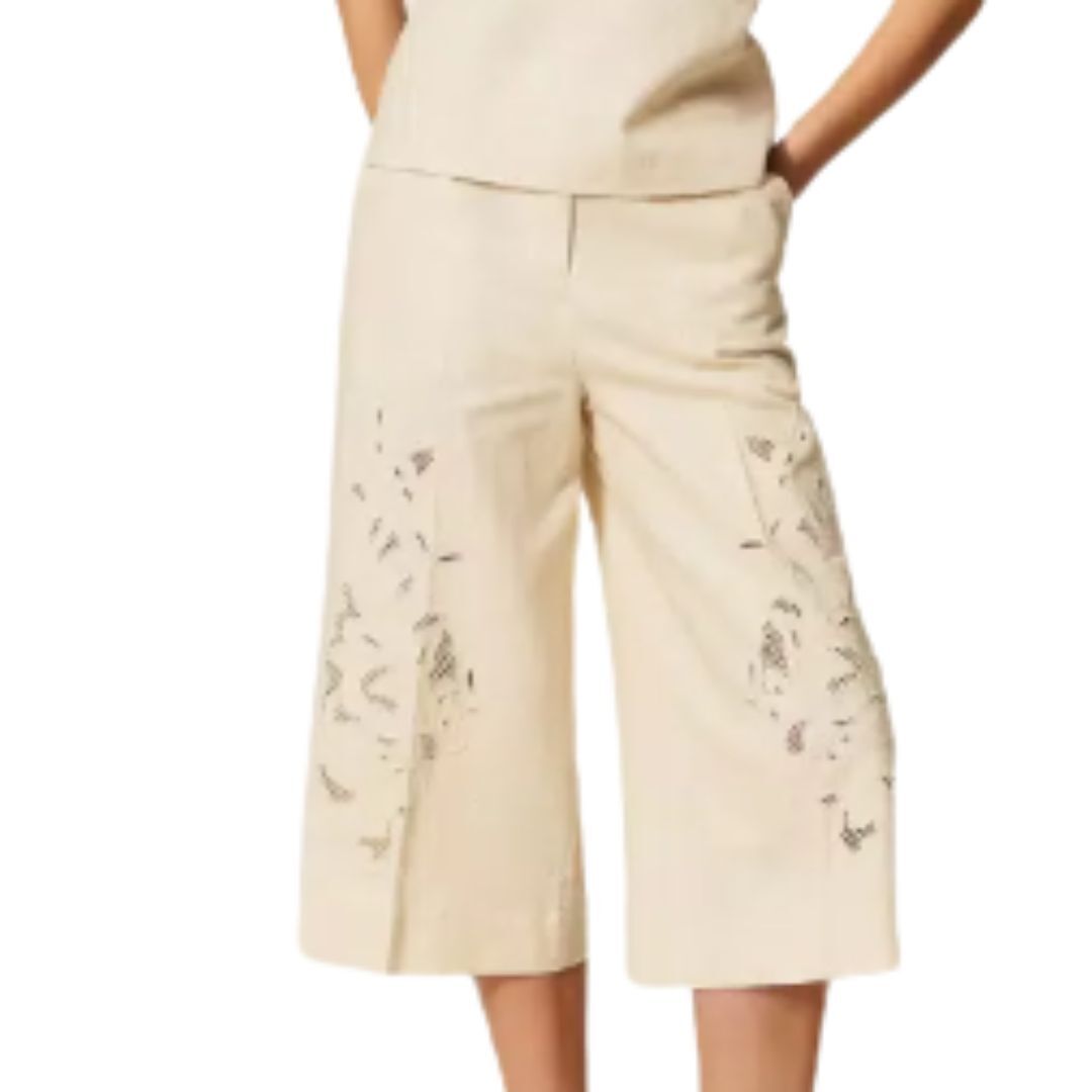 1TS0319-029 [TWINSET] Linen Blend Cropped Trousers With Embroidery Mother Of Pearl #261TP2313 (C-EU-E)