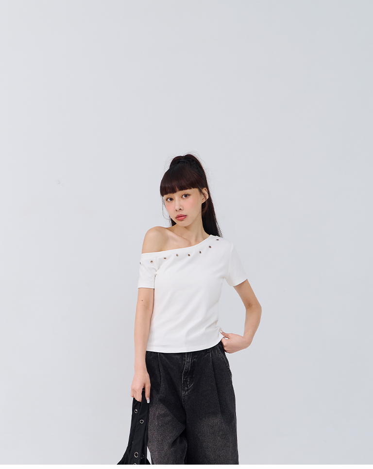 金属钉扣设计斜肩上衣 三色售【01099489】现+预