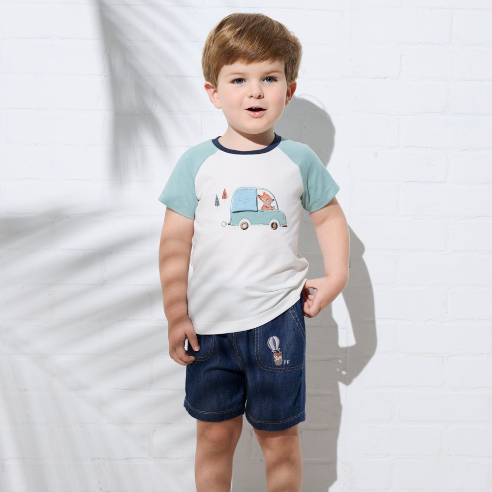 PIPPY 小狐狸開車彈性棉圓領短袖上衣 白