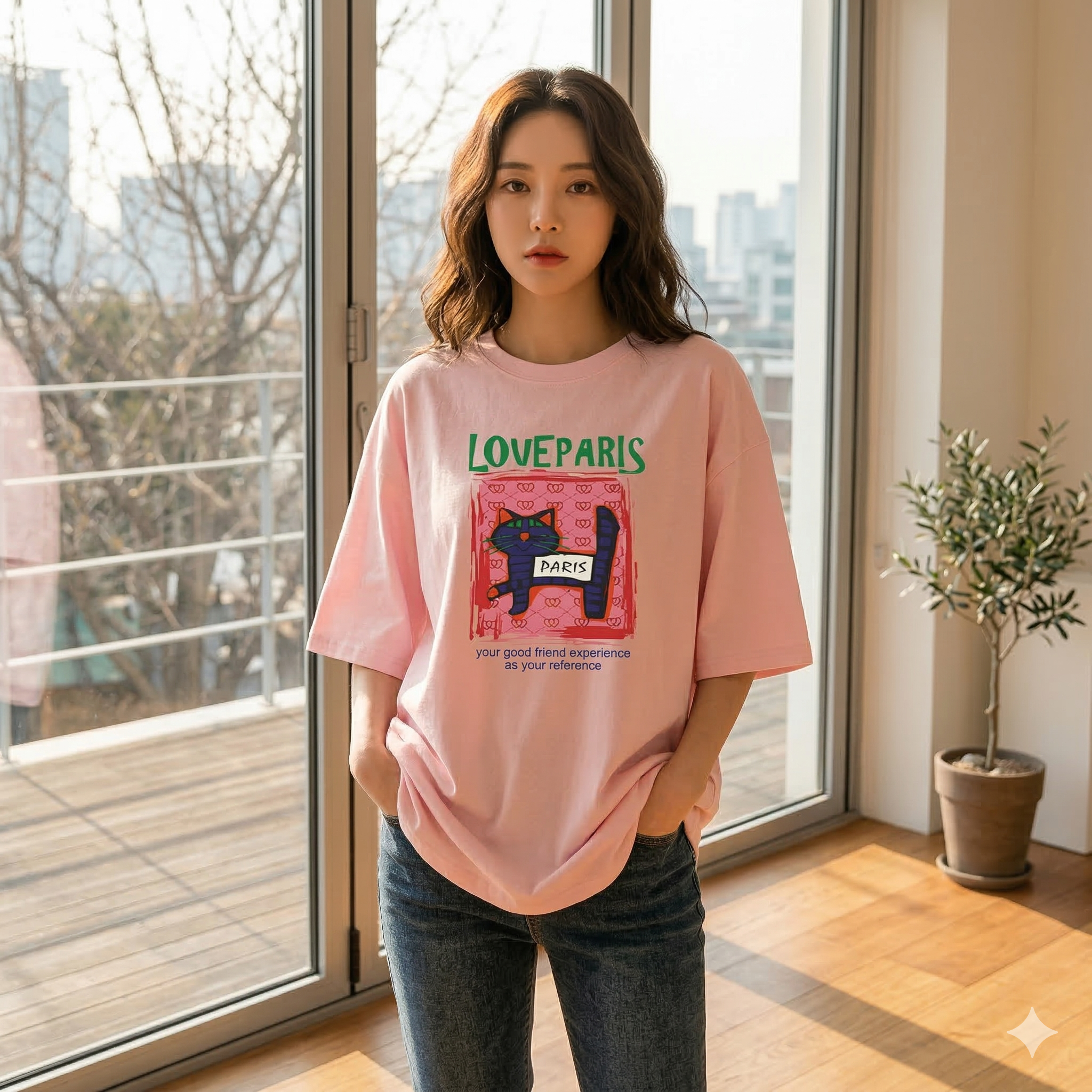 【ASister 小姊姊】AS2357#純棉上衣☆*粉底貓咪*中長版短袖T恤(10色 S-3XL)